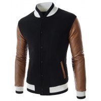 Men Black Slim Fit Fashion Casual Jacket with Synthetic Leather Sleeves